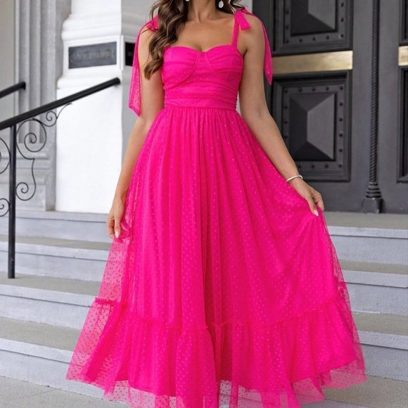 Pink Casual Womens Tie Shoulder Ruched Bust Ruffle Hem Mesh Overlay Cami Dress
